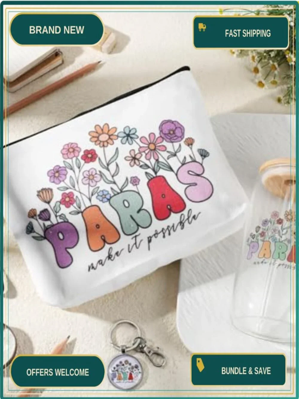 Paraprofessional Gift Set - Canvas Makeup Bag, Glass Cup with Lid & Straw,